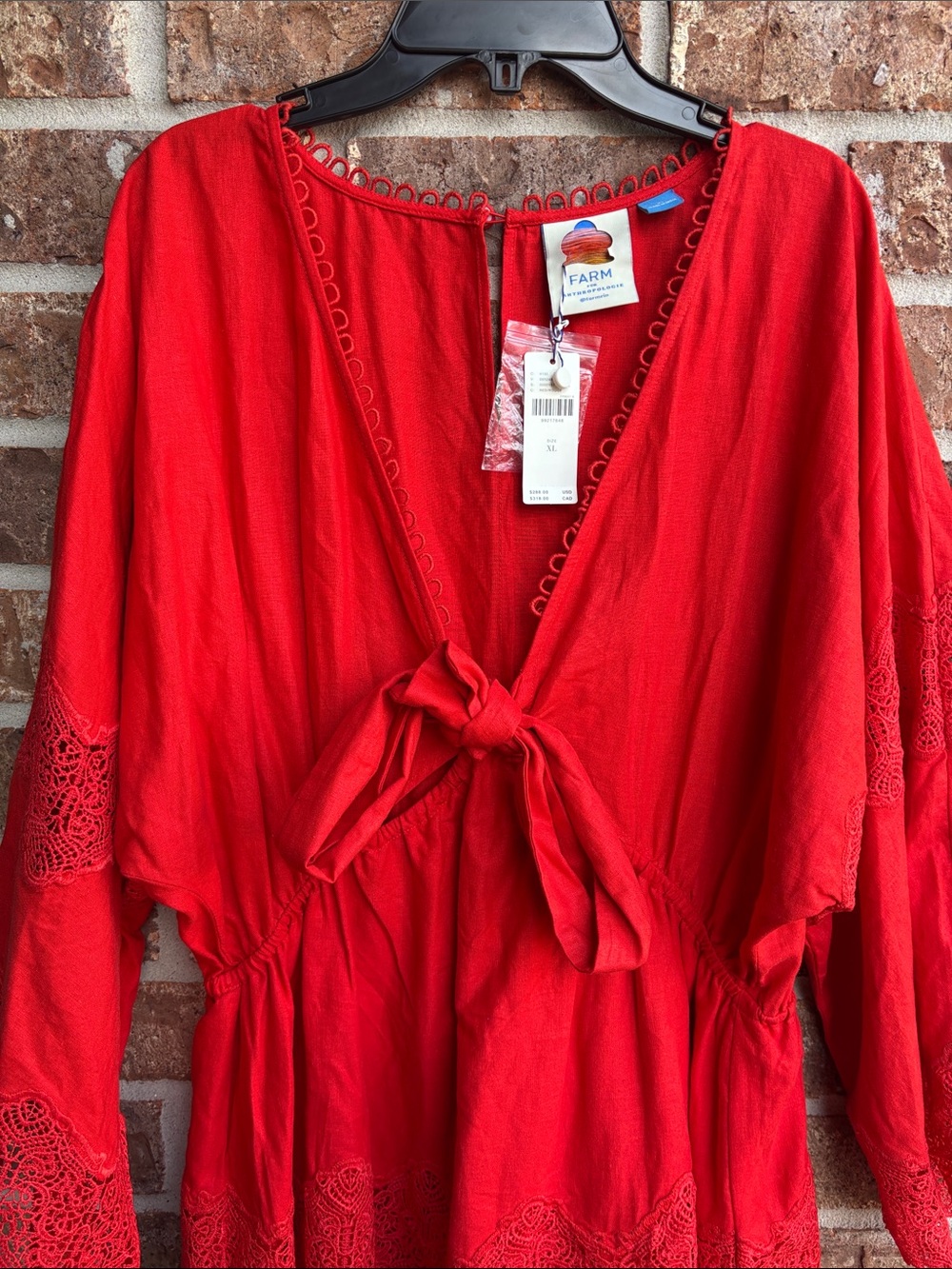 FARM Rio Red Mini Dress with Lace Trim tie front - Picture 5 of 10